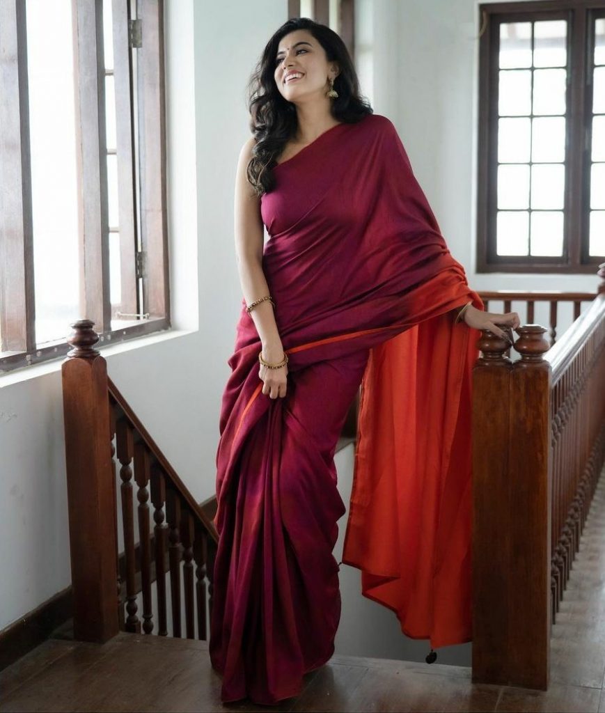 Anju Kurian Maroon Colour Saree Stills