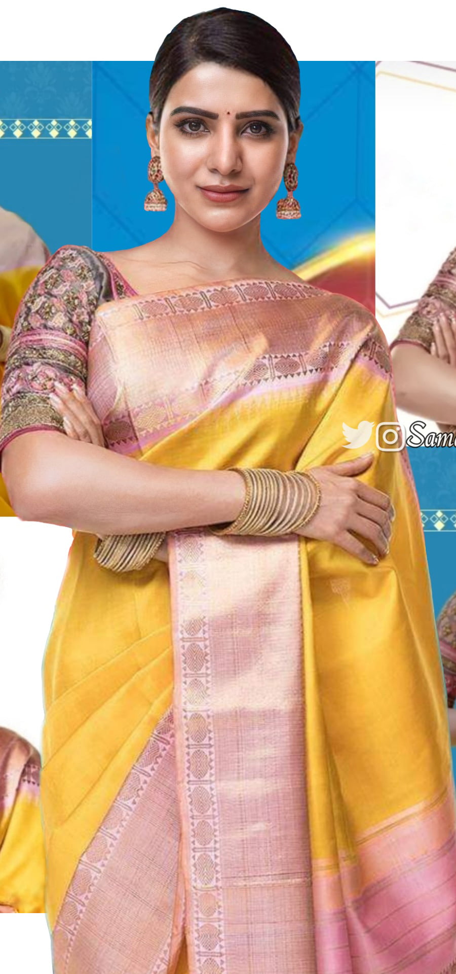 Samantha Akkineni in a gold tissue saree at Jaanu trailer launch