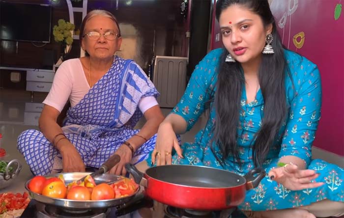 sreemukhi with her grand mother