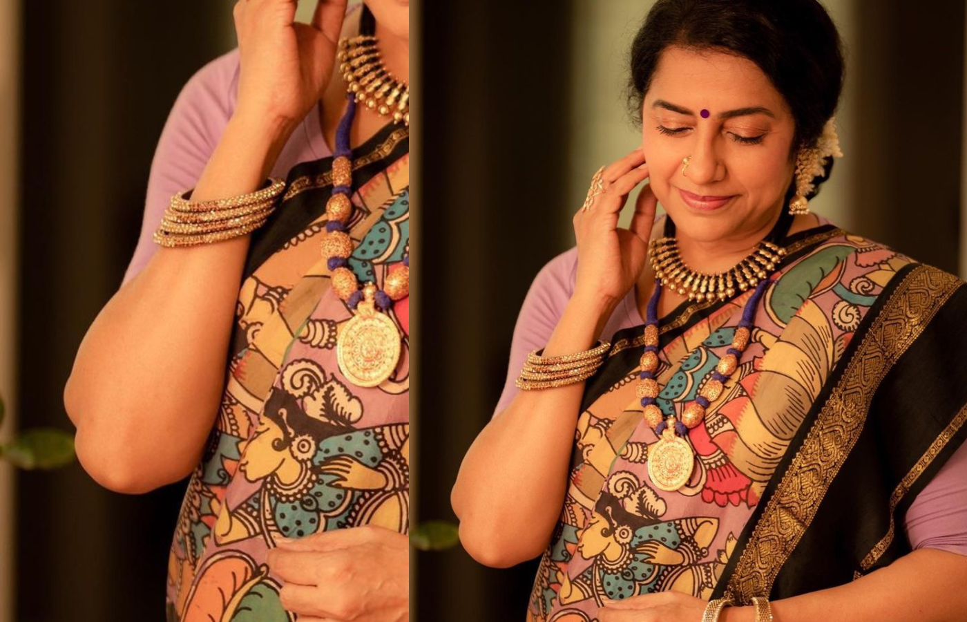 సుహాసిని మణిరత్నం: Suhasini Maniratnam in printed saree with beads necklace
