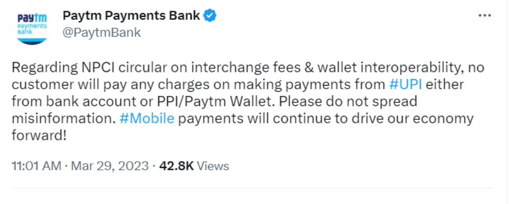UPI Payment Charges Paytm Tweet